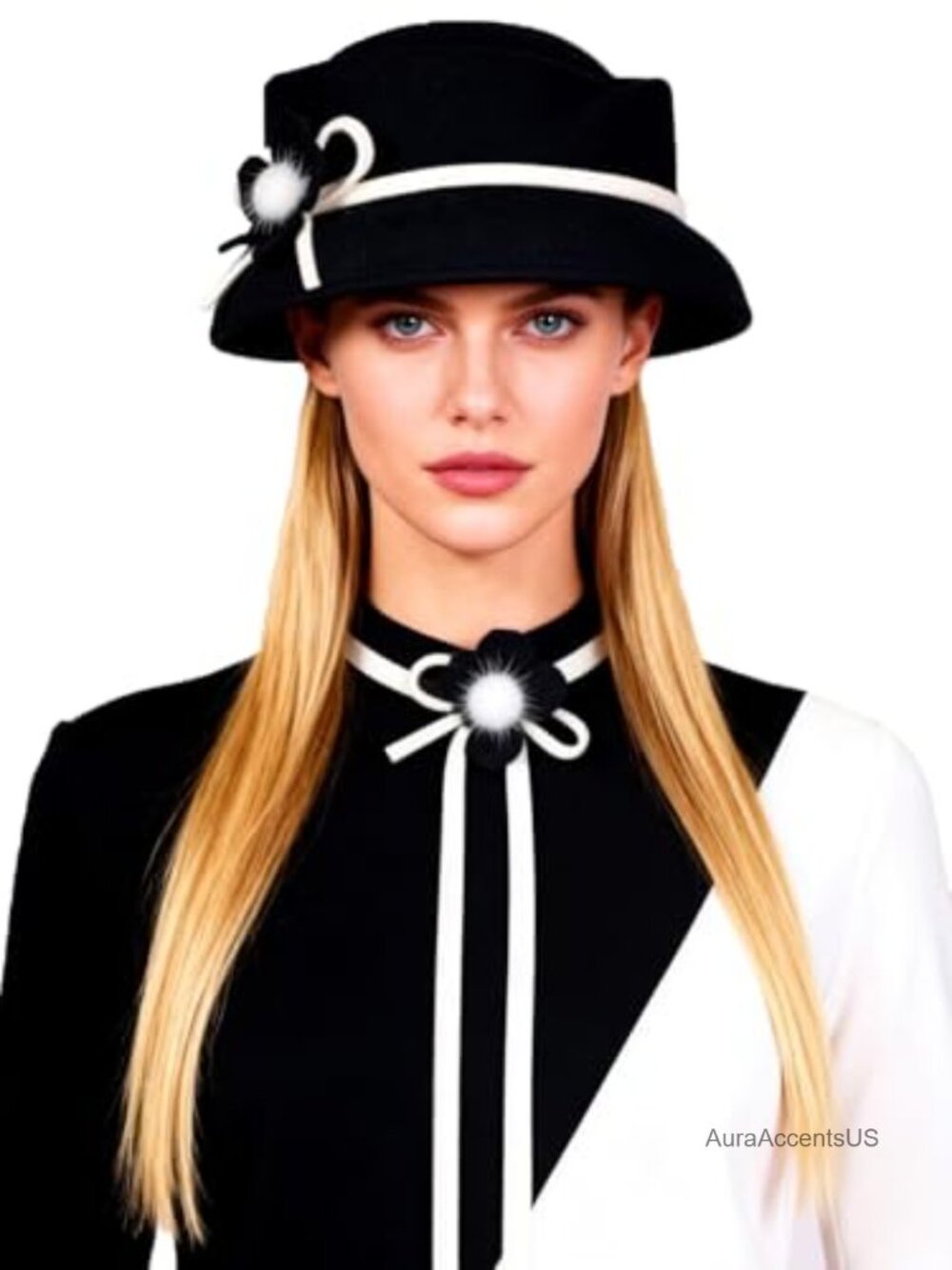 Wool Felt Fedora Hat Elegant Cloche with Flower Formal Church Wedding